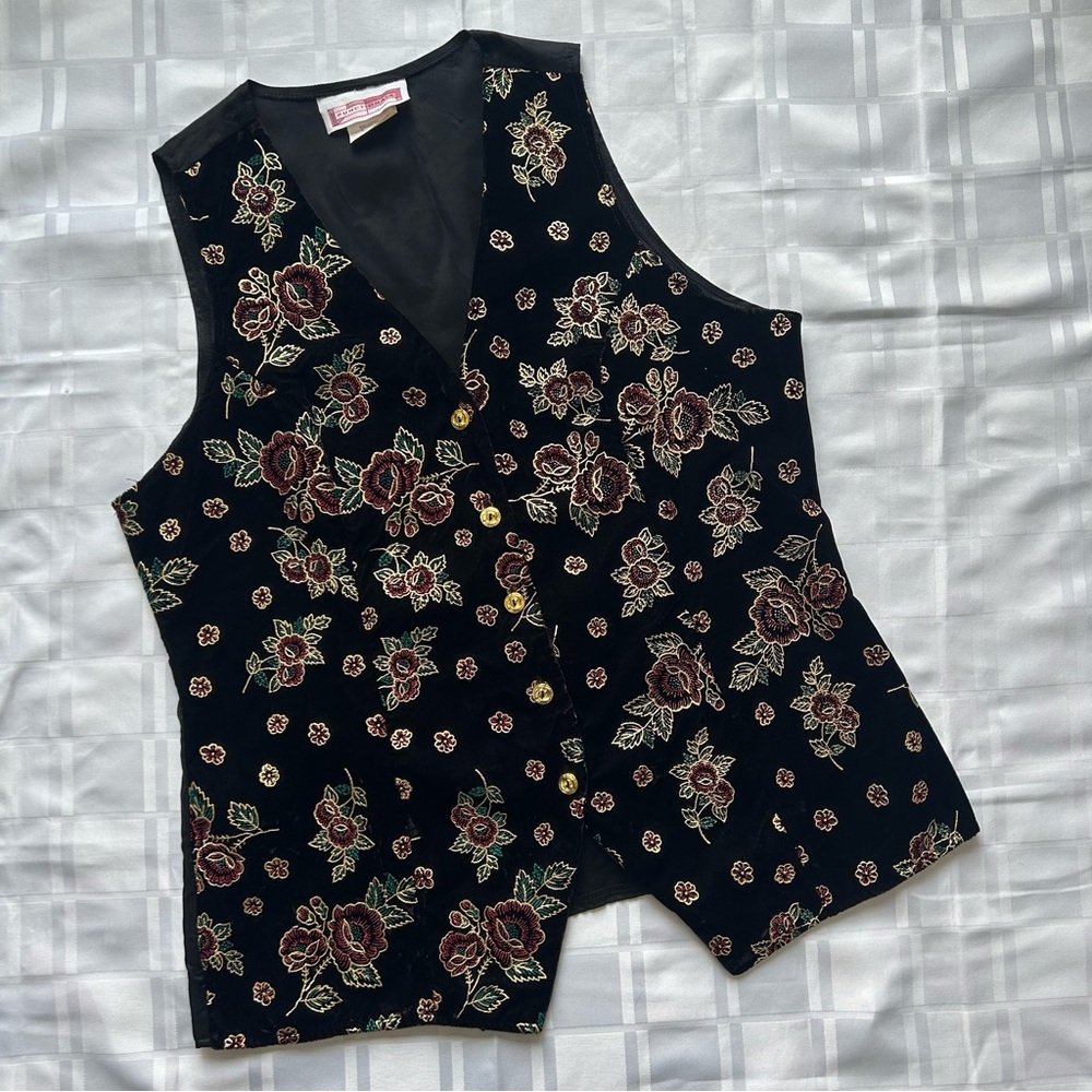 Functionals Vintage Black Velvet Vest with Floral Pattern & Embroidered Gold